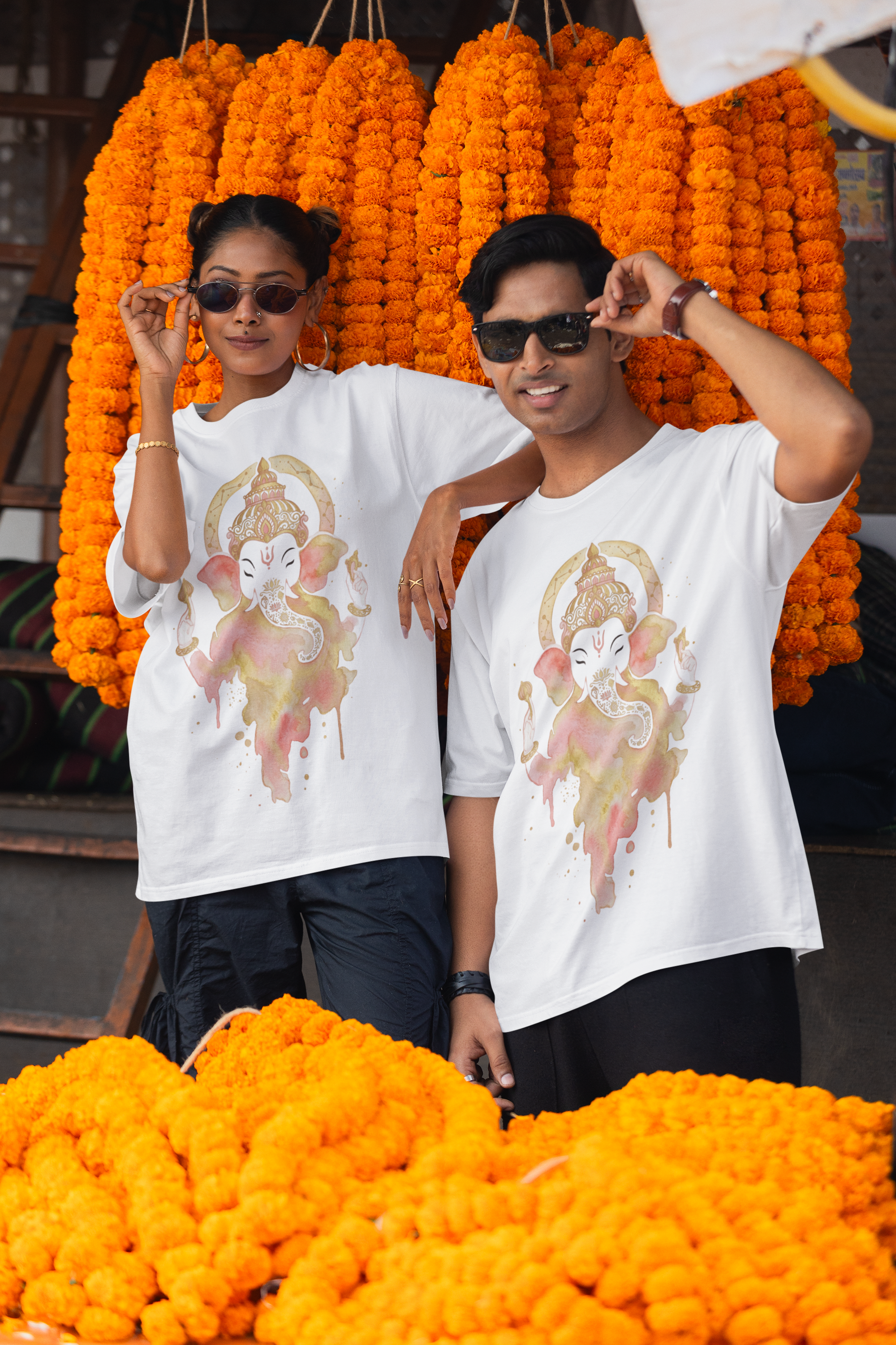 Ganesha Unisex Oversized T-Shirt — Peach Blossom & Gold
