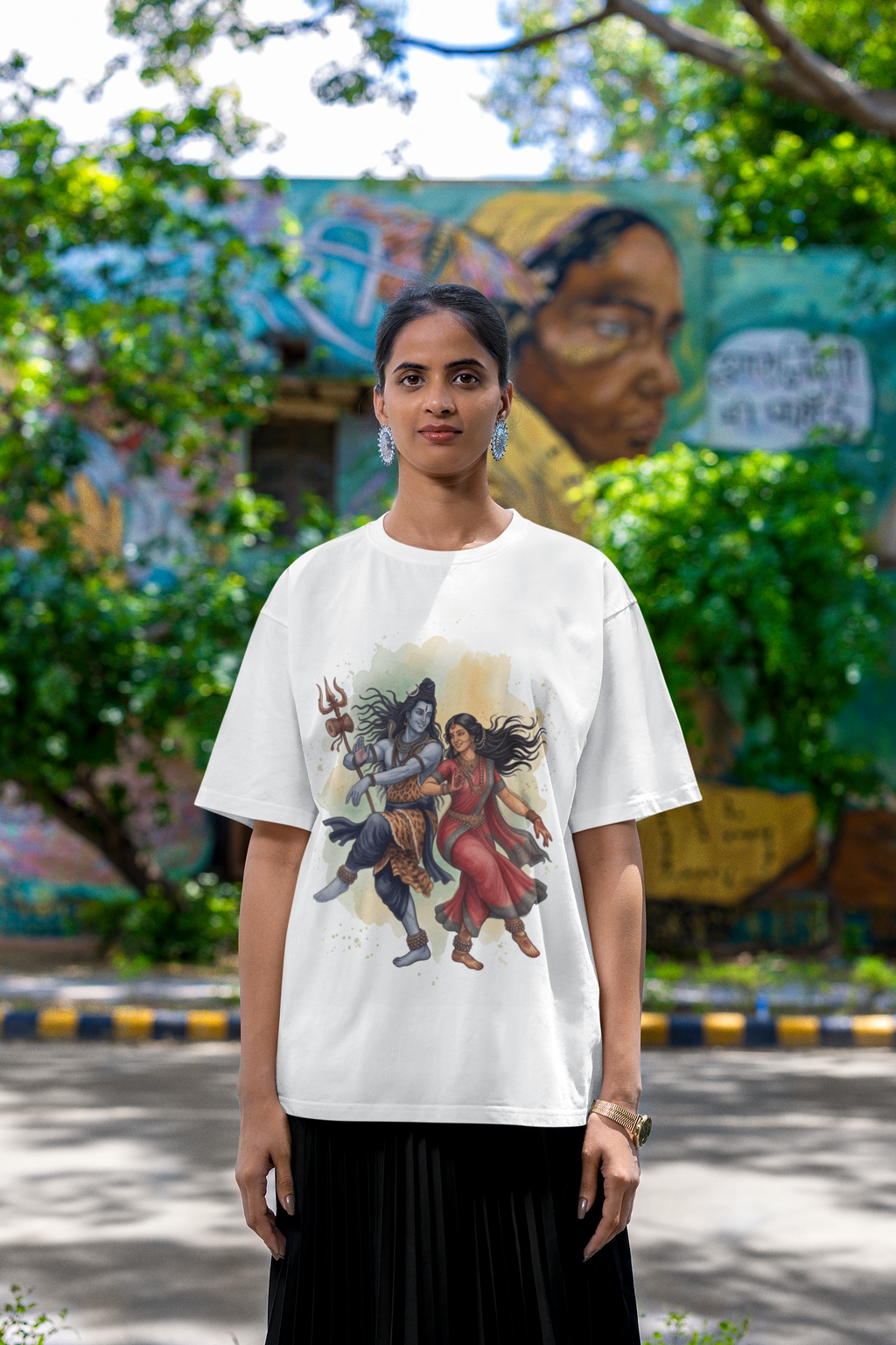 Shivashakthi Unisex Oversized T-Shirt — Cosmic Dance, Emerald & Ochre