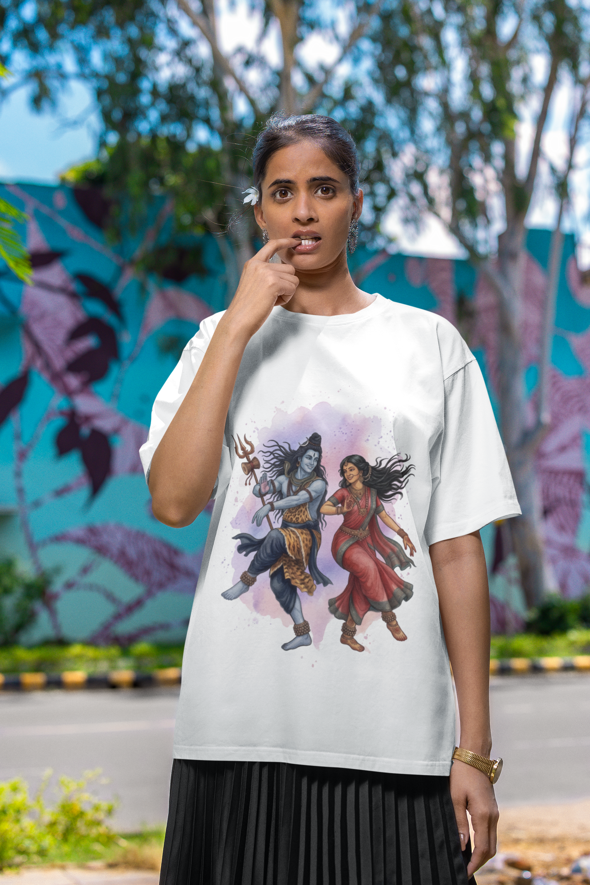 Shivashakthi Unisex Oversized T-Shirt — Cosmic Dance, Violet & Blush