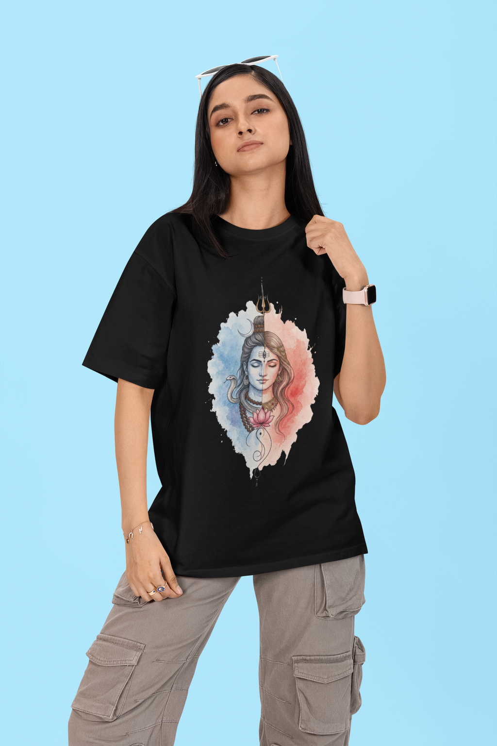 Shivashakthi Unisex Oversized T-Shirt — Glacier & Coral Dawn