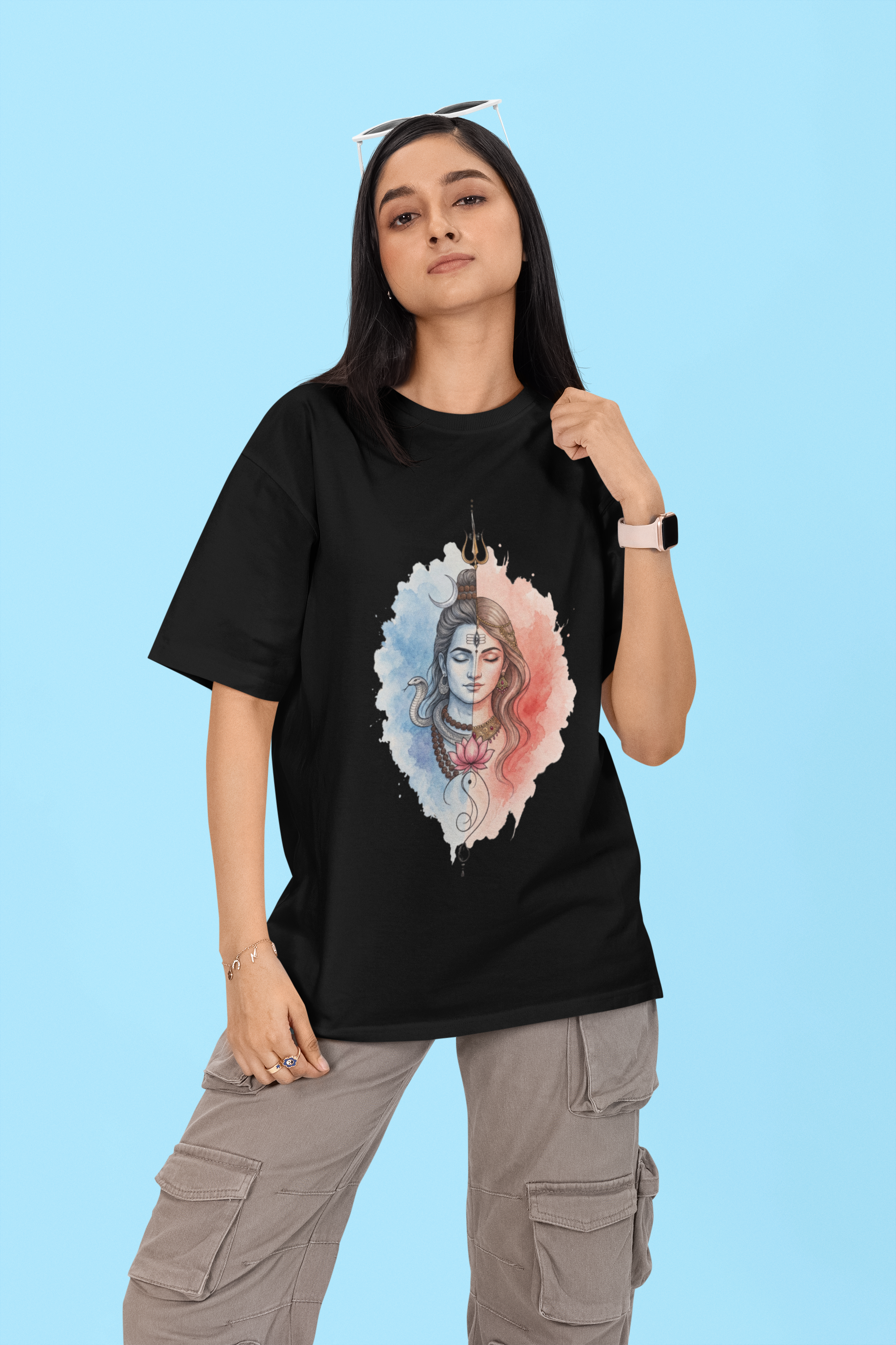 Shivashakthi Unisex Oversized T-Shirt — Glacier & Coral Dawn