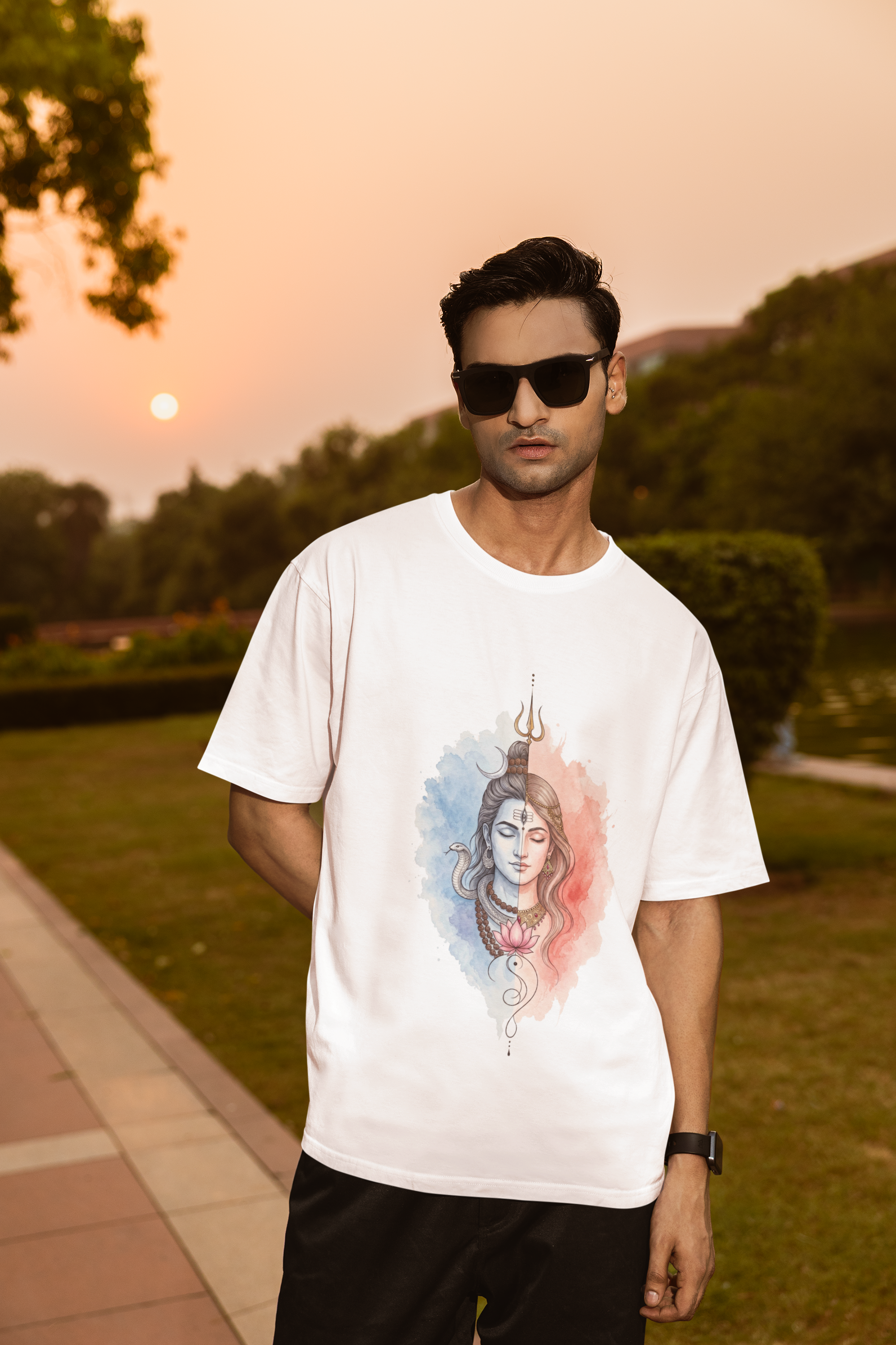 Shivashakthi Unisex Oversized T-Shirt — Glacier & Coral Dawn