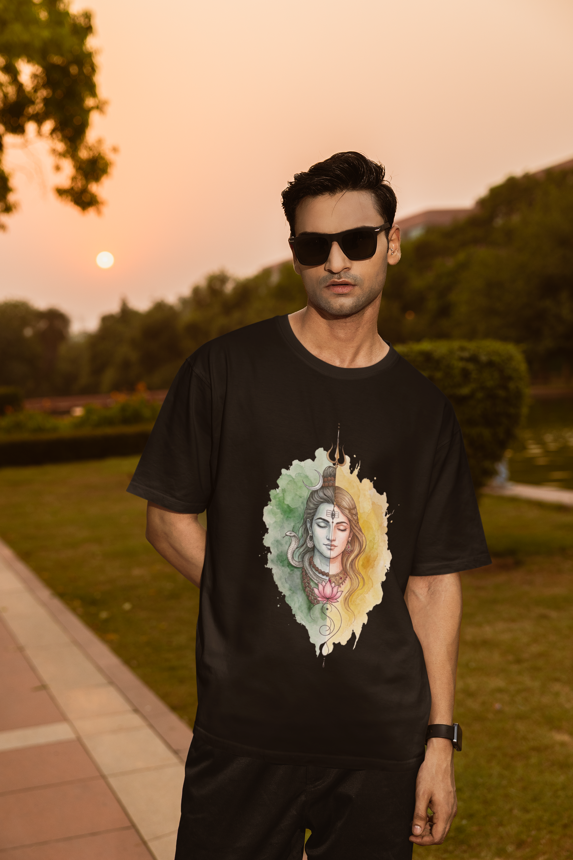 Shivashakthi Unisex Oversized T-Shirt — Emerald Dusk & Golden Dawn