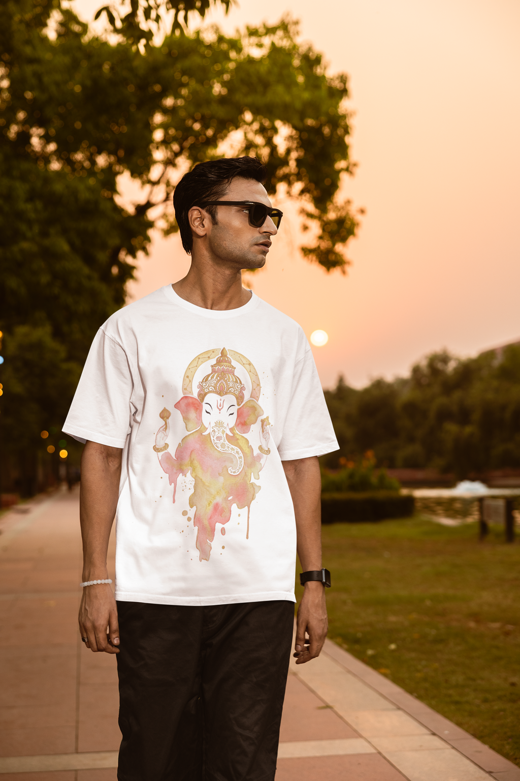 Ganesha Unisex Oversized T-Shirt — Peach Blossom & Gold