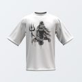 A white short-sleeve t-shirt with a black and gray graphic print of a stylized Shiva holding a trident, displayed on a light gray background.