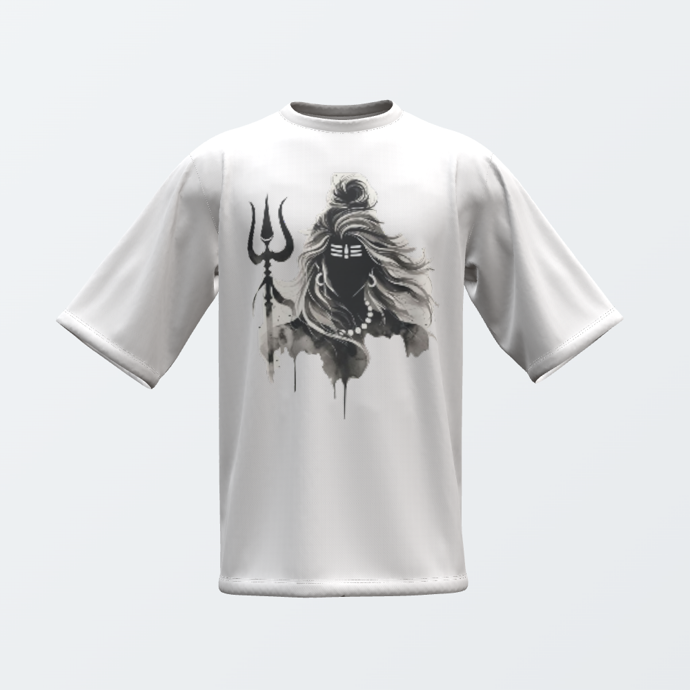 A white short-sleeve t-shirt with a black and gray graphic print of a stylized Shiva holding a trident, displayed on a light gray background.
